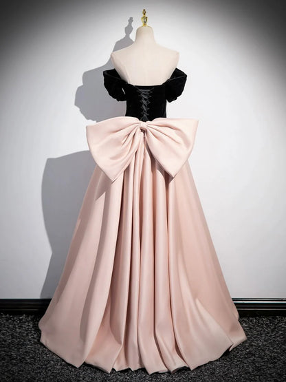 Black Satin and Pink Satin Long Prom Dress, Lovely A-Line Bow Party Evening Dress TP178