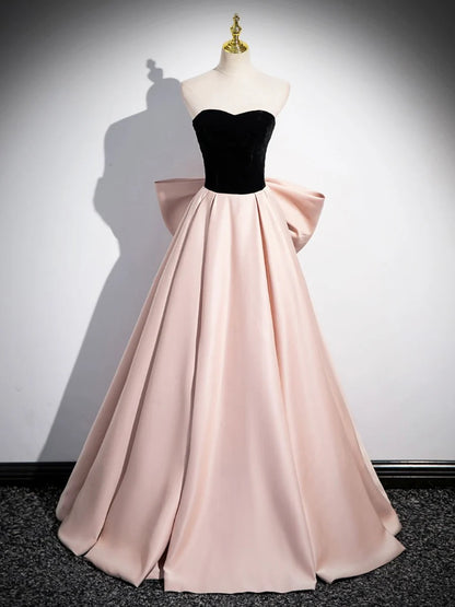 Black Satin and Pink Satin Long Prom Dress, Lovely A-Line Bow Party Evening Dress TP178
