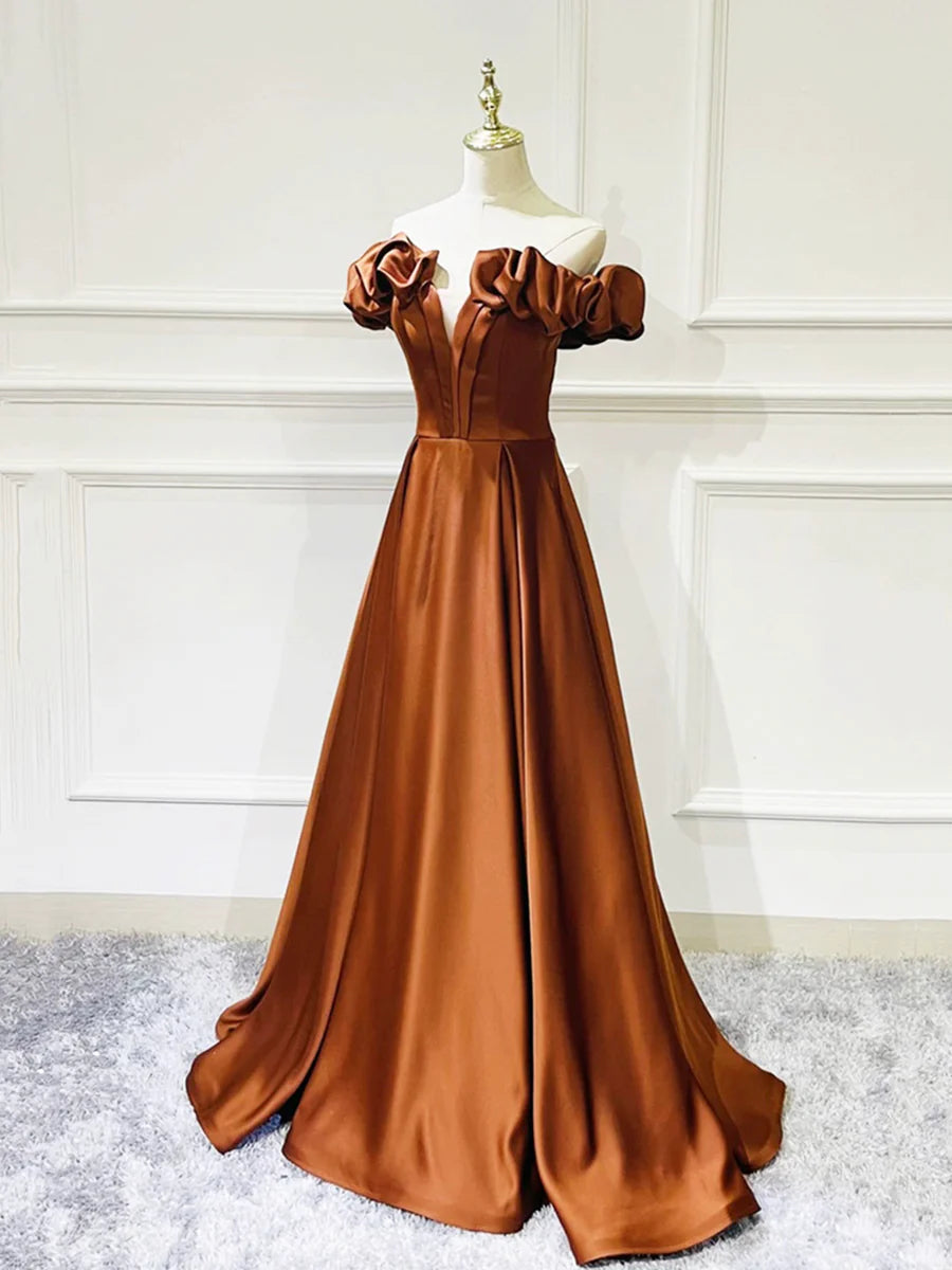 Simple Satin Long Prom Dress, Off the Shoulder V-Neck Evening Dress TP184