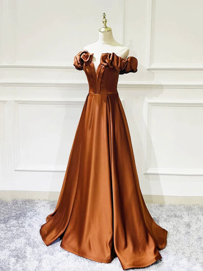 Simple Satin Long Prom Dress, Off the Shoulder V-Neck Evening Dress TP184