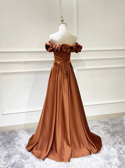 Simple Satin Long Prom Dress, Off the Shoulder V-Neck Evening Dress TP184