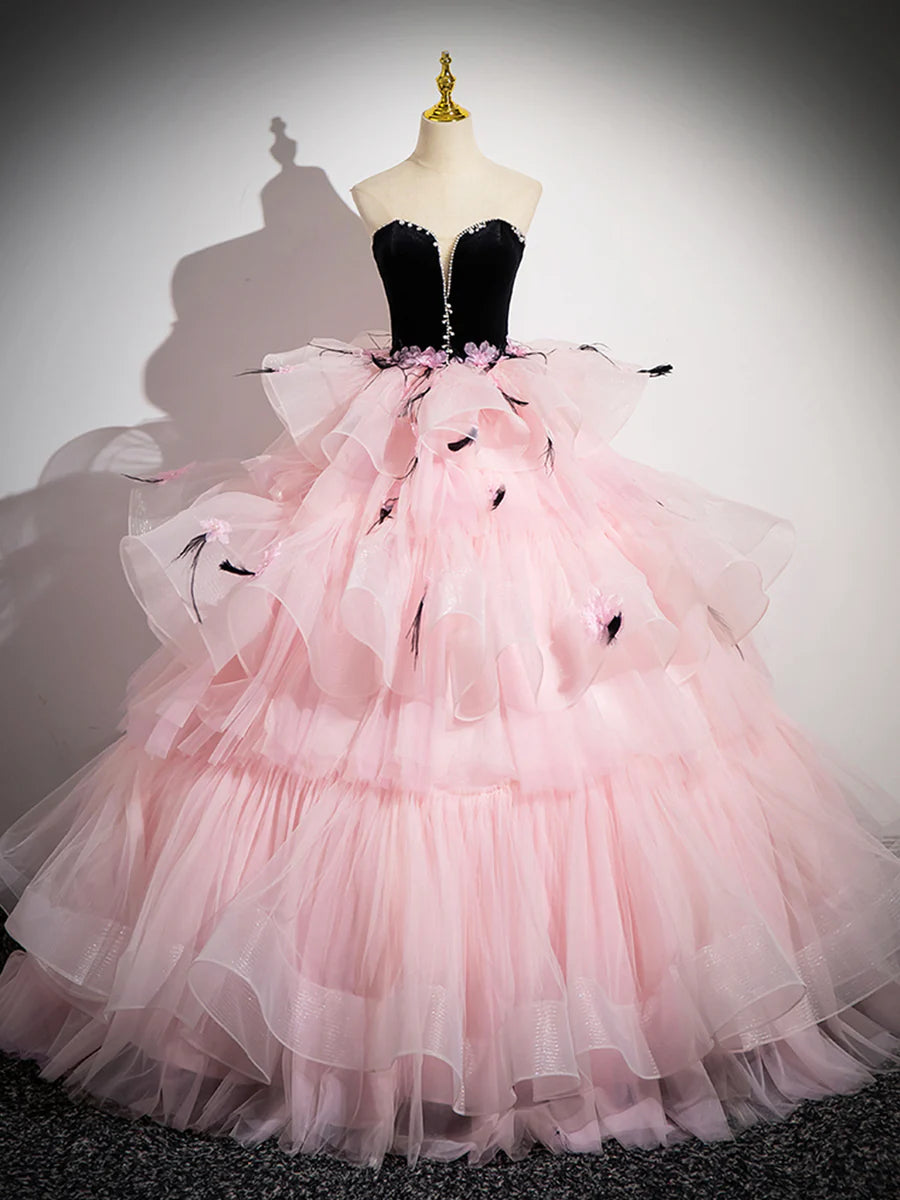 Pink Tulle and Black Velvet Strapless Party Gown, Pink Backless Ruffles Formal Evening Dress TP185