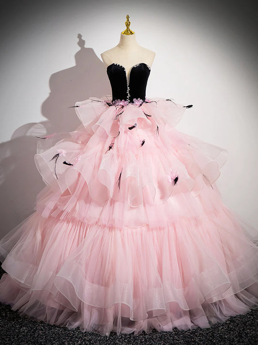 Pink Tulle and Black Velvet Strapless Party Gown, Pink Backless Ruffles Formal Evening Dress TP185