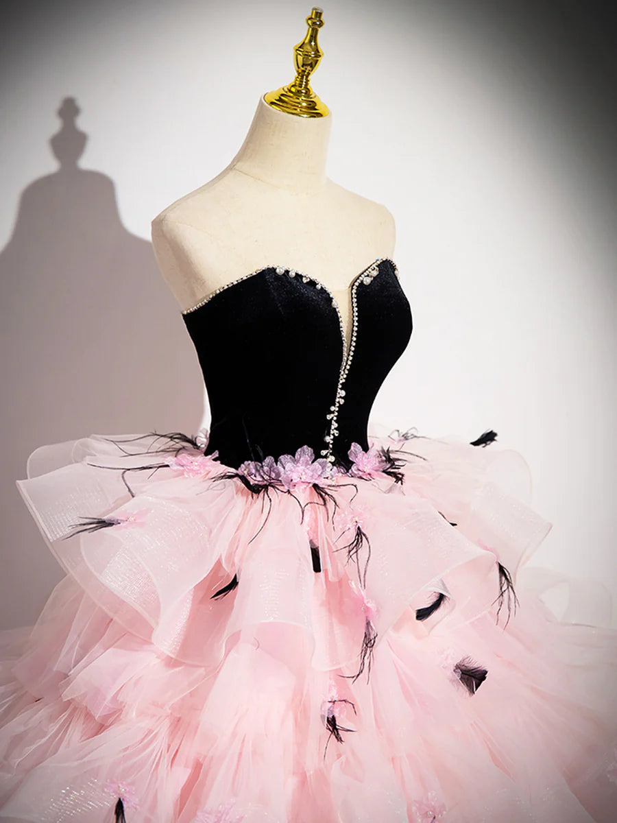 Pink Tulle and Black Velvet Strapless Party Gown, Pink Backless Ruffles Formal Evening Dress TP185