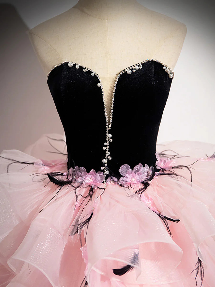 Pink Tulle and Black Velvet Strapless Party Gown, Pink Backless Ruffles Formal Evening Dress TP185