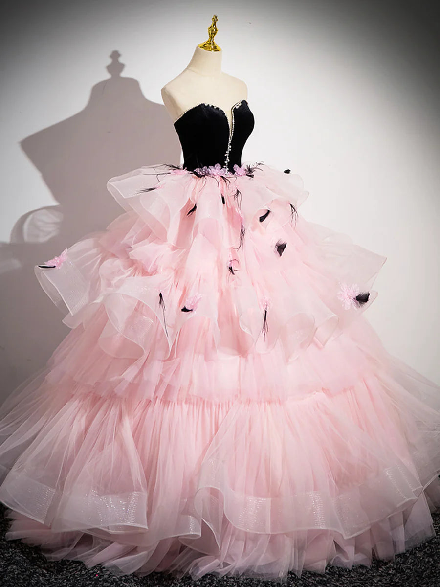 Pink Tulle and Black Velvet Strapless Party Gown, Pink Backless Ruffles Formal Evening Dress TP185