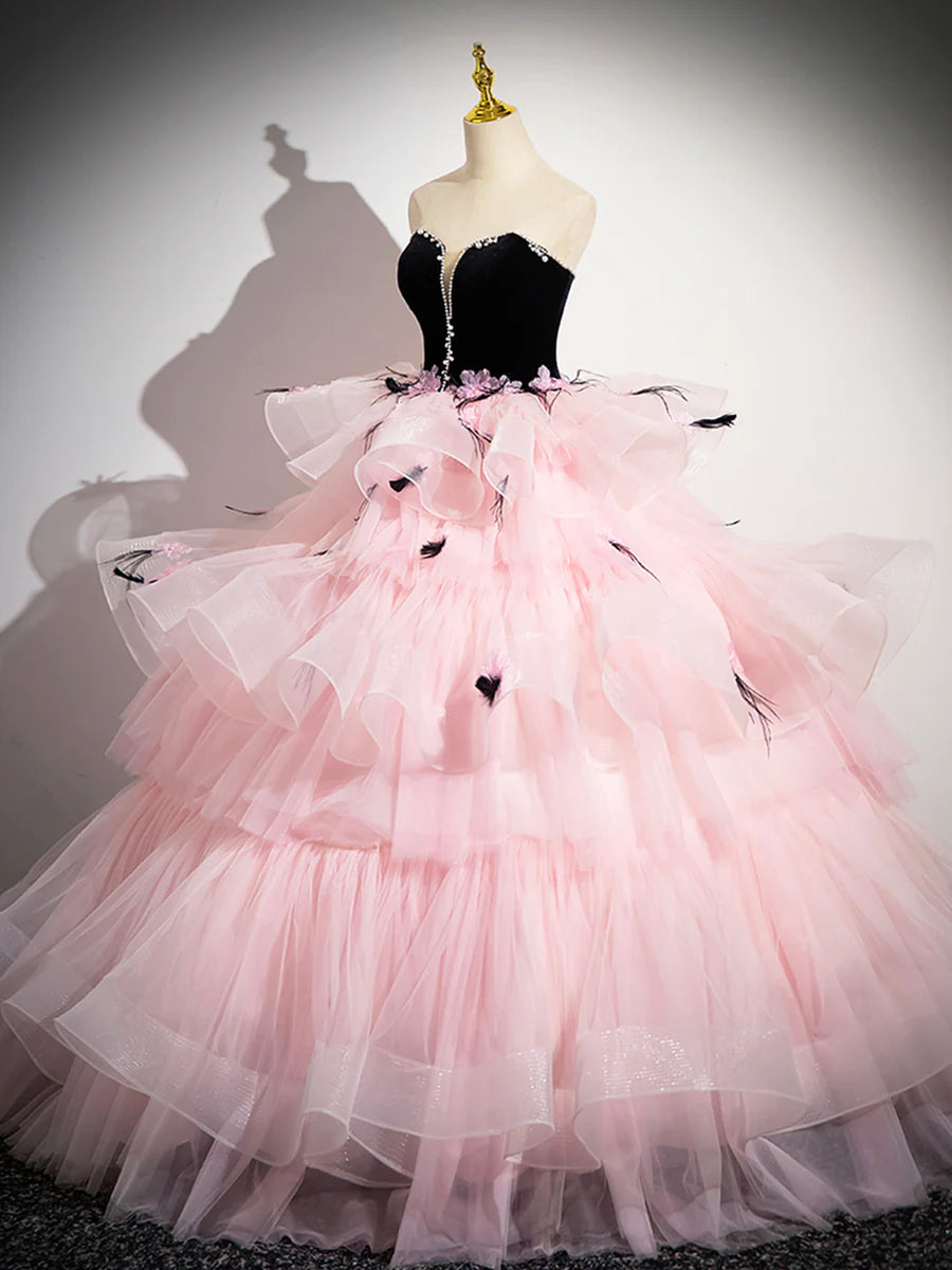 Pink Tulle and Black Velvet Strapless Party Gown, Pink Backless Ruffles Formal Evening Dress TP185