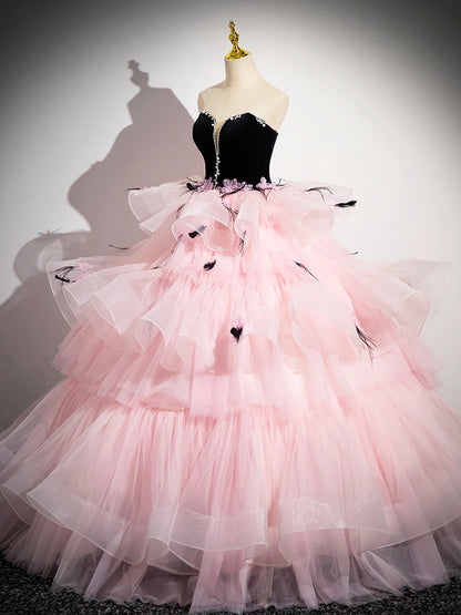 Pink Tulle and Black Velvet Strapless Party Gown, Pink Backless Ruffles Formal Evening Dress TP185
