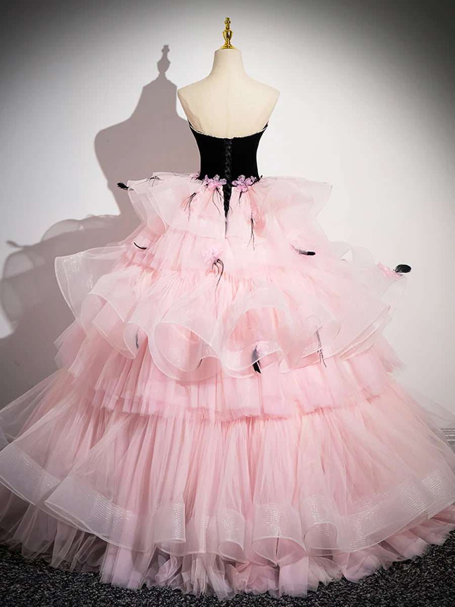 Pink Tulle and Black Velvet Strapless Party Gown, Pink Backless Ruffles Formal Evening Dress TP185