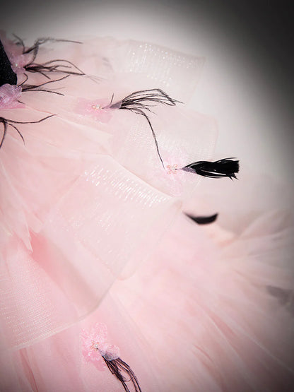 Pink Tulle and Black Velvet Strapless Party Gown, Pink Backless Ruffles Formal Evening Dress TP185