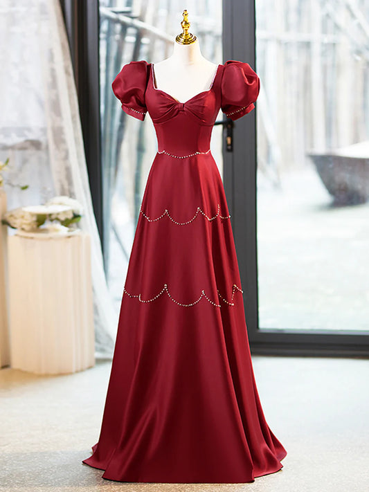 Elegant Burgundy Satin Long Prom Dress with Beaded, Burgundy Short Sleeve Evening Dress TP186