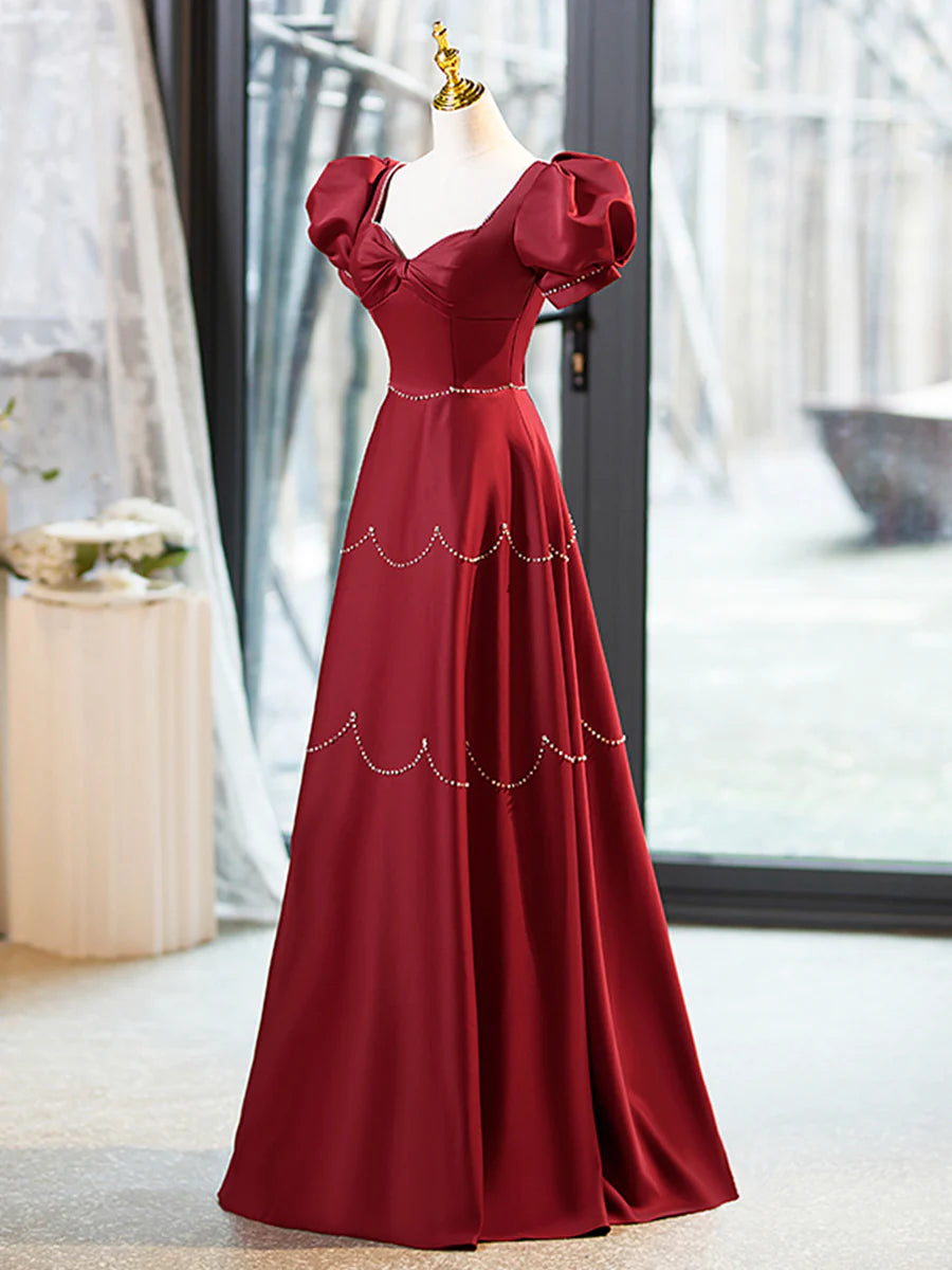 Elegant Burgundy Satin Long Prom Dress with Beaded, Burgundy Short Sleeve Evening Dress TP186