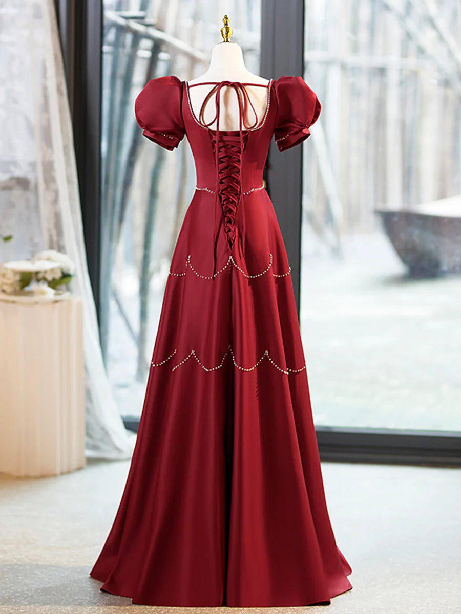 Elegant Burgundy Satin Long Prom Dress with Beaded, Burgundy Short Sleeve Evening Dress TP186