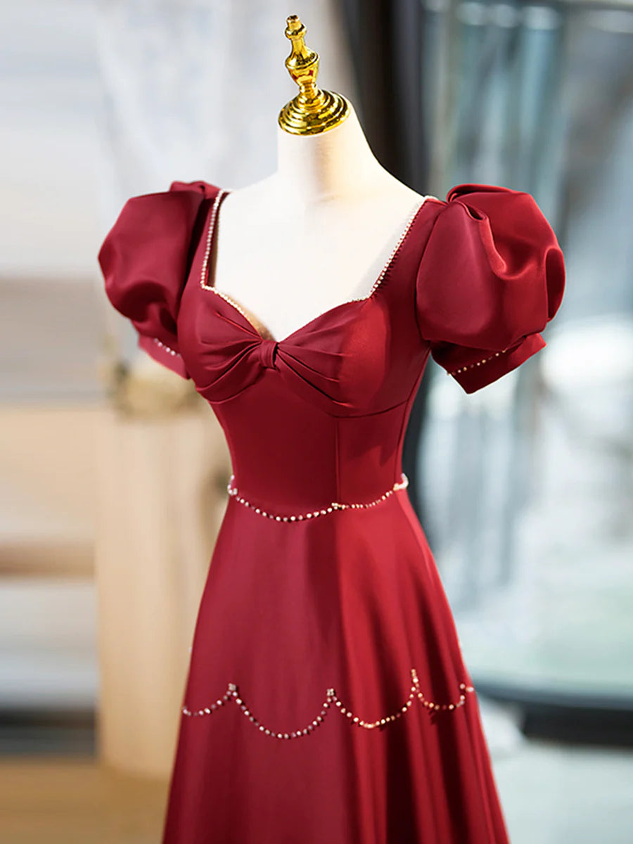 Elegant Burgundy Satin Long Prom Dress with Beaded, Burgundy Short Sleeve Evening Dress TP186