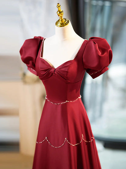 Elegant Burgundy Satin Long Prom Dress with Beaded, Burgundy Short Sleeve Evening Dress TP186