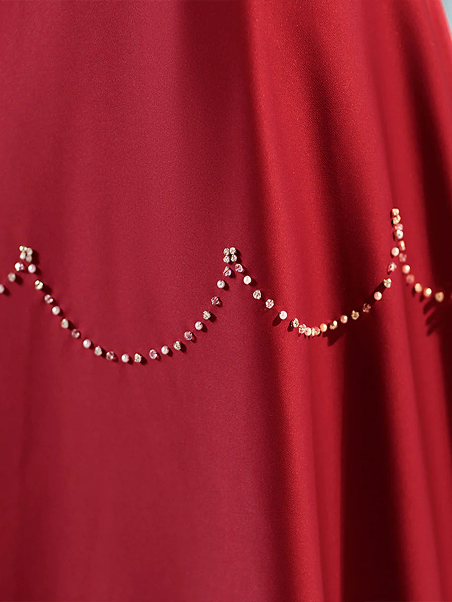 Elegant Burgundy Satin Long Prom Dress with Beaded, Burgundy Short Sleeve Evening Dress TP186