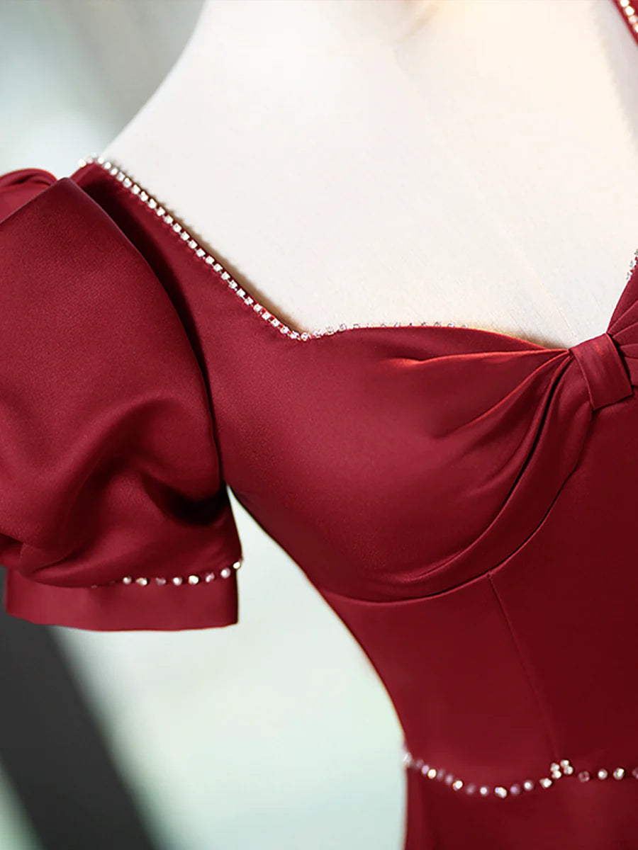 Elegant Burgundy Satin Long Prom Dress with Beaded, Burgundy Short Sleeve Evening Dress TP186