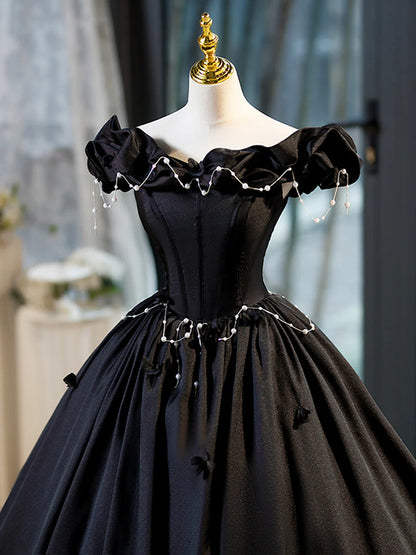 Black A-Line Floor Length Prom Dress with Pearl, Off the Shoulder Evening Party Dress TP187