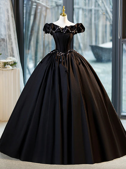 Black A-Line Floor Length Prom Dress with Pearl, Off the Shoulder Evening Party Dress TP187