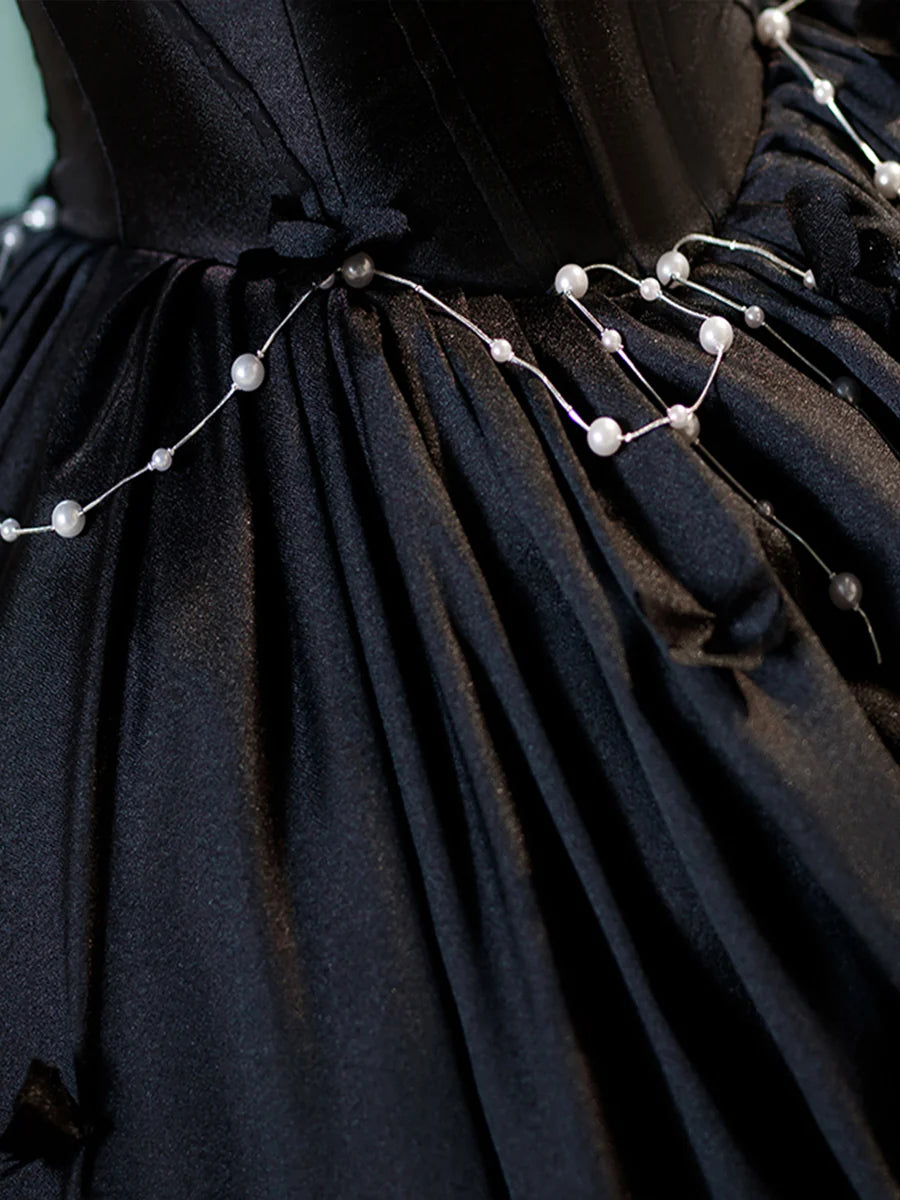 Black A-Line Floor Length Prom Dress with Pearl, Off the Shoulder Evening Party Dress TP187