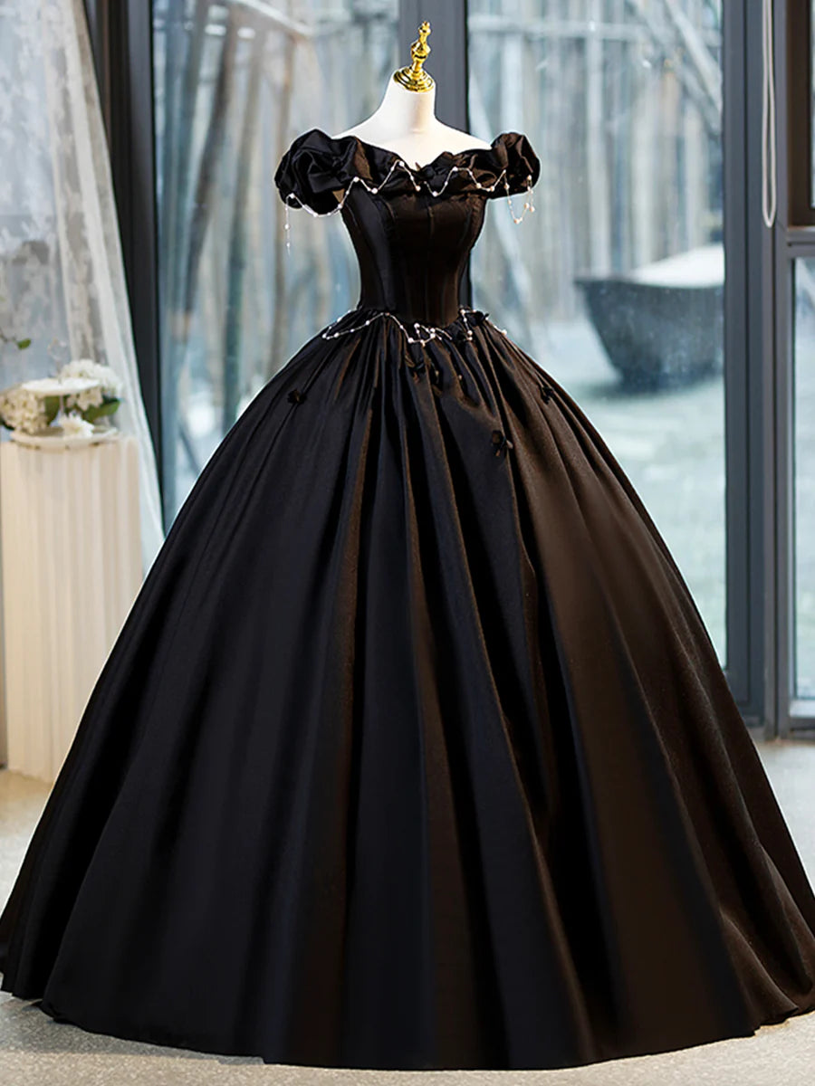 Black A-Line Floor Length Prom Dress with Pearl, Off the Shoulder Evening Party Dress TP187