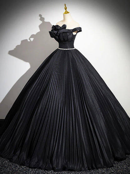 Black Pleated Long A-line Party Gown with Rhinestone Sash, Elegant Off the Shoulder Formal Evening Dress TP188