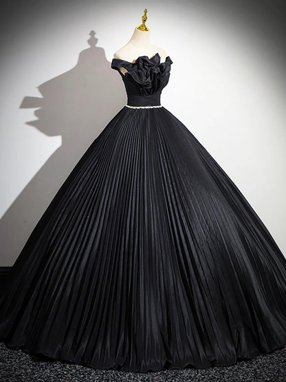 Black Pleated Long A-line Party Gown with Rhinestone Sash, Elegant Off the Shoulder Formal Evening Dress TP188
