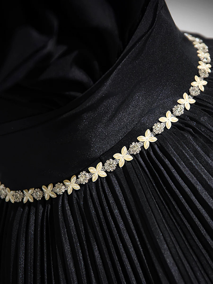 Black Pleated Long A-line Party Gown with Rhinestone Sash, Elegant Off the Shoulder Formal Evening Dress TP188