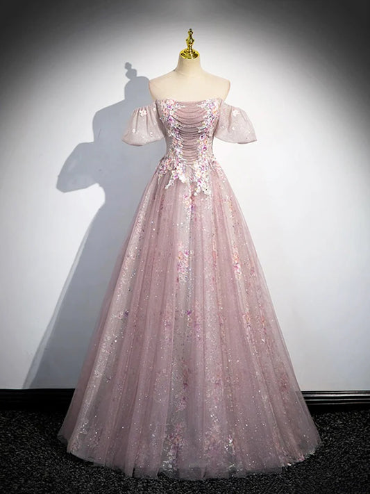 Pink Tulle Lace Long Prom Dress with Beaded, A-Line Off the Shoulder Evening Party Dress TP189