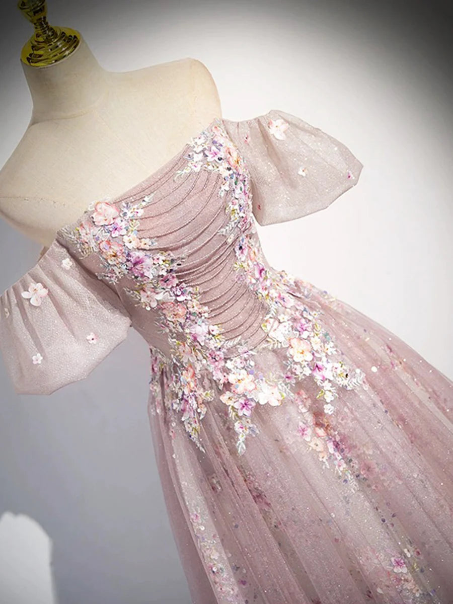 Pink Tulle Lace Long Prom Dress with Beaded, A-Line Off the Shoulder Evening Party Dress TP189