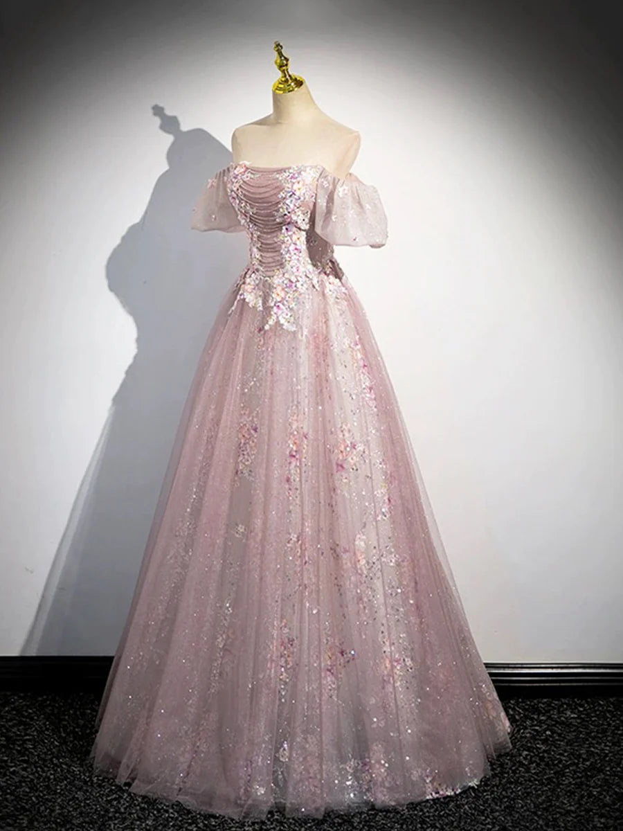 Pink Tulle Lace Long Prom Dress with Beaded, A-Line Off the Shoulder Evening Party Dress TP189