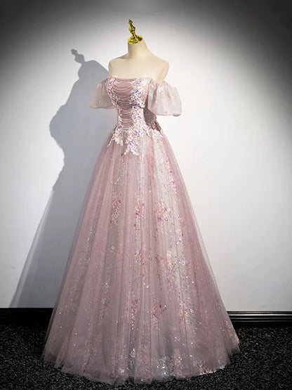 Pink Tulle Lace Long Prom Dress with Beaded, A-Line Off the Shoulder Evening Party Dress TP189