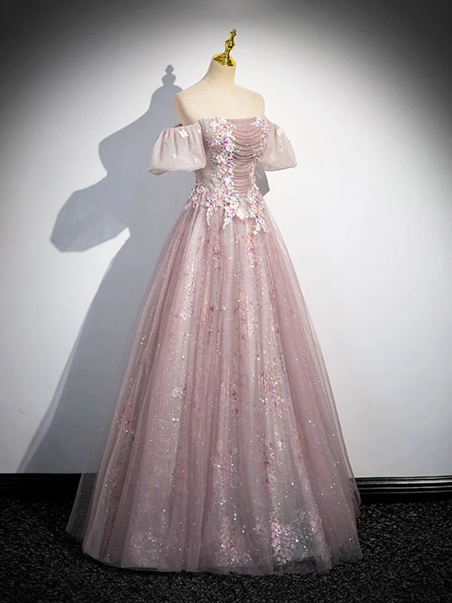 Pink Tulle Lace Long Prom Dress with Beaded, A-Line Off the Shoulder Evening Party Dress TP189