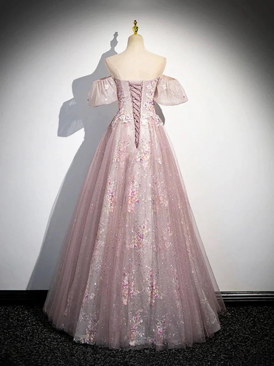 Pink Tulle Lace Long Prom Dress with Beaded, A-Line Off the Shoulder Evening Party Dress TP189