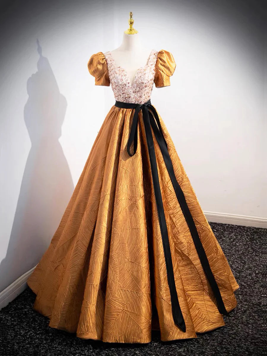 Unique V-Neck Beaded Floor Length Prom Dress, Beautiful A-Line Short Sleeve Party Dress TP190