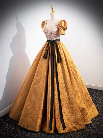 Unique V-Neck Beaded Floor Length Prom Dress, Beautiful A-Line Short Sleeve Party Dress TP190