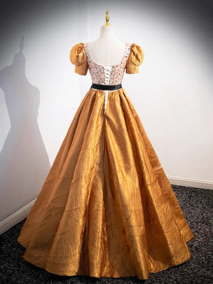 Unique V-Neck Beaded Floor Length Prom Dress, Beautiful A-Line Short Sleeve Party Dress TP190