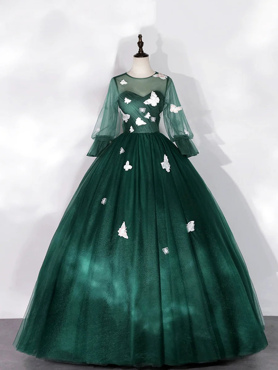 Dark Green Tulle Floor Length Prom Dress with Butterfly Appliques, A-Line Long Sleeve Evening Party Dress TP191