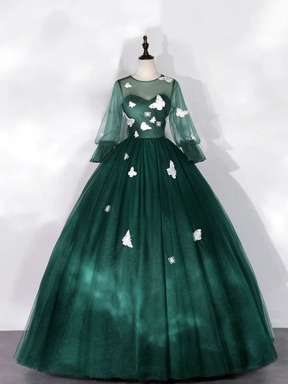 Dark Green Tulle Floor Length Prom Dress with Butterfly Appliques, A-Line Long Sleeve Evening Party Dress TP191