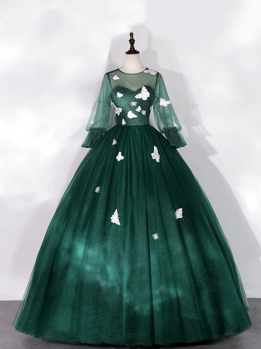 Dark Green Tulle Floor Length Prom Dress with Butterfly Appliques, A-Line Long Sleeve Evening Party Dress TP191