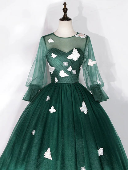 Dark Green Tulle Floor Length Prom Dress with Butterfly Appliques, A-Line Long Sleeve Evening Party Dress TP191