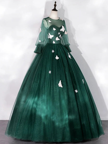 Dark Green Tulle Floor Length Prom Dress with Butterfly Appliques, A-Line Long Sleeve Evening Party Dress TP191