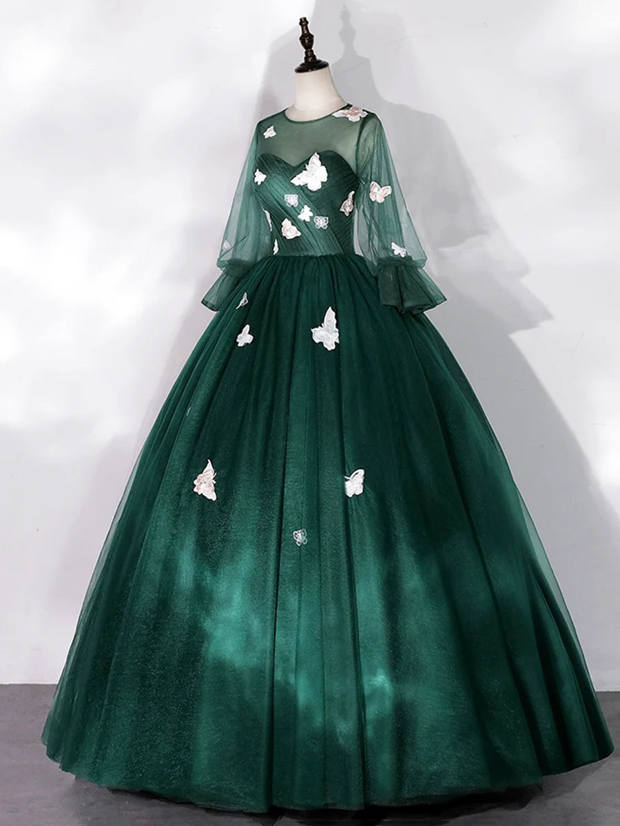 Dark Green Tulle Floor Length Prom Dress with Butterfly Appliques, A-Line Long Sleeve Evening Party Dress TP191