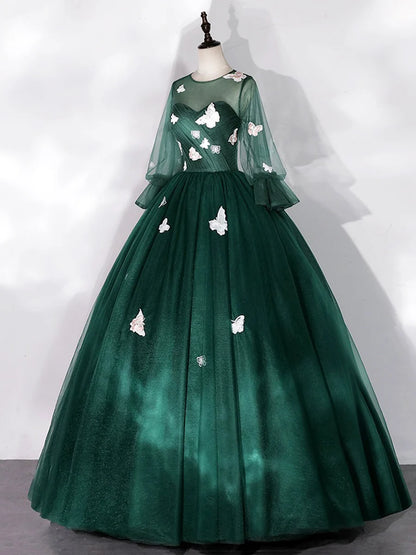 Dark Green Tulle Floor Length Prom Dress with Butterfly Appliques, A-Line Long Sleeve Evening Party Dress TP191