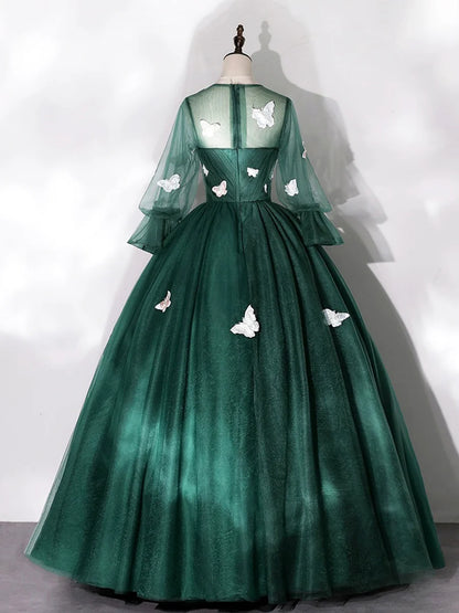 Dark Green Tulle Floor Length Prom Dress with Butterfly Appliques, A-Line Long Sleeve Evening Party Dress TP191