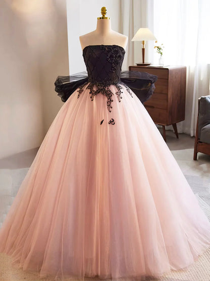 Black and Pink Tulle Lace Long Prom Dress, A-Line Strapless Evening Sweet 16 Dress TP192