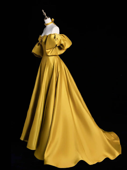 Yellow Satin Long Prom Dress, Off the Shoulder A-Line Evening Party Dress TP193