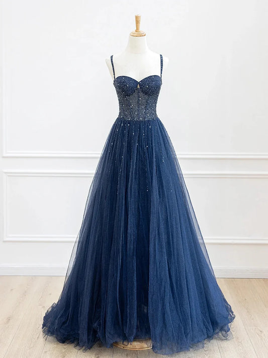 Blue Spaghetti Strap Tulle Sequins Long Prom Dress, Beautiful A-Line Evening Party Dress TP195