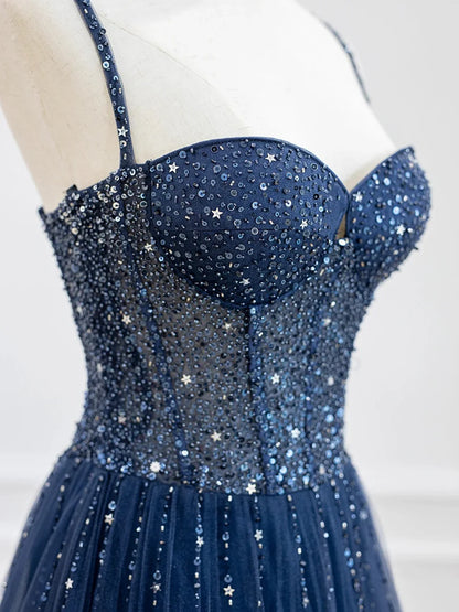 Blue Spaghetti Strap Tulle Sequins Long Prom Dress, Beautiful A-Line Evening Party Dress TP195