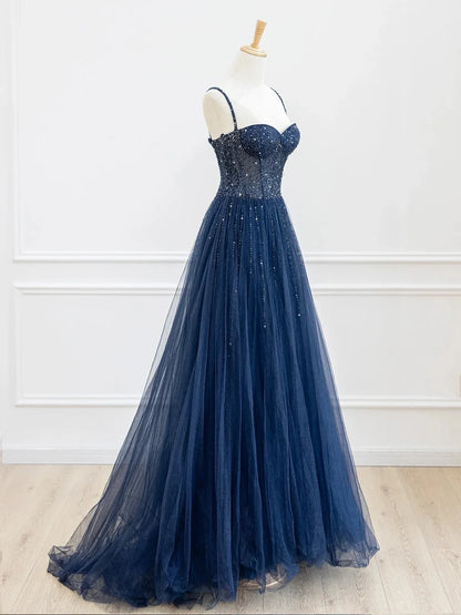 Blue Spaghetti Strap Tulle Sequins Long Prom Dress, Beautiful A-Line Evening Party Dress TP195